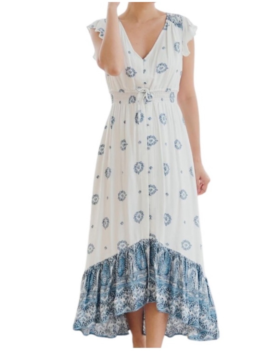 Anthropologie Kindred Maxi Dress Flutter Sleeves Floral high low smocked waist L